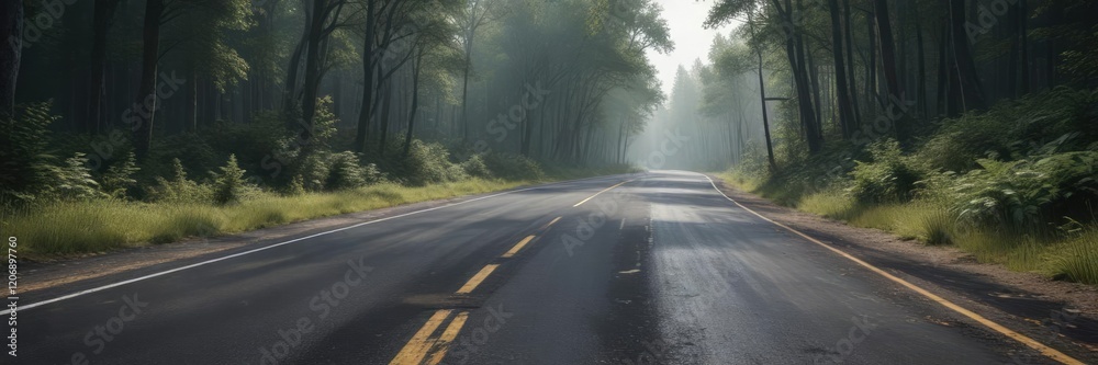 Fototapeta premium A worn asphalt road winding through a dense forest, landscape, forest, road
