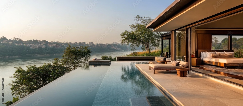 Fototapeta premium Luxury Riverfront Villa with Infinity Pool and Breathtaking Sunrise Views