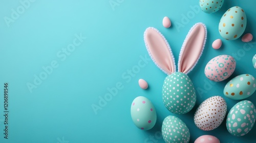 Colorful Easter eggs and bunny ears create a festive and joyful celebration on a bright turquoise background