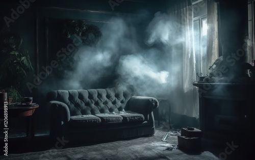 A Gloomy Living Room Filled With Smoke
