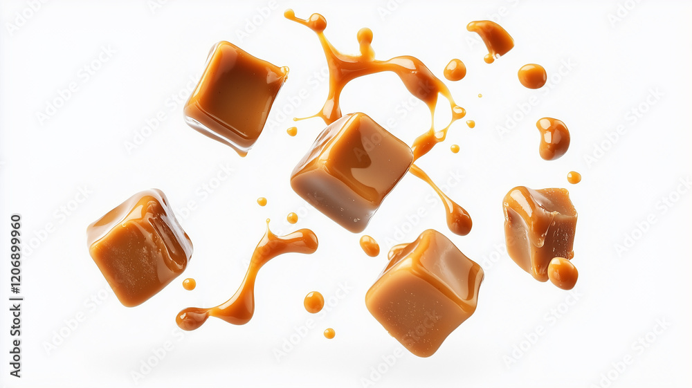 Fototapeta premium Close up of caramel cubes splashing into a pool of caramel, creating a visually appealing scene. The caramel is golden brown and glistening, with droplets of caramel flying in the air 