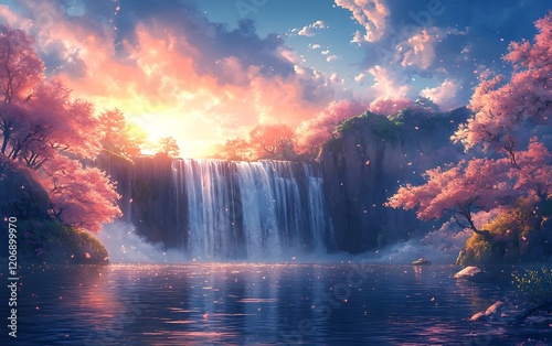 Peaceful Spring Waterfall with Cherry Blossoms