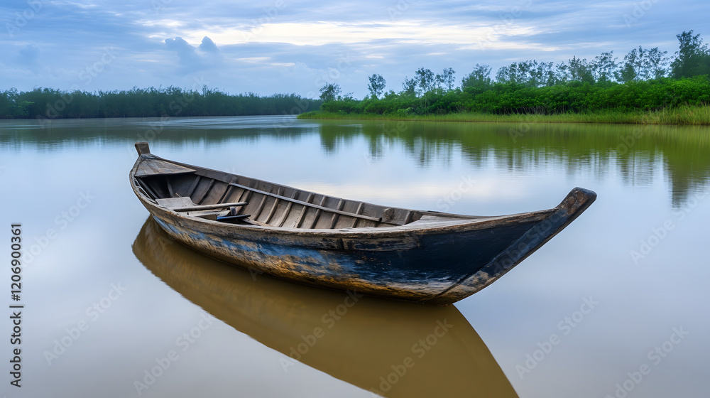 A tranquil lagoon featuring a small wooden boat moored to a stake in shallow waters, surrounded by mangroves and the soft sound of rippling water A tranquil lagoon featuring a small wooden boat moored to a stake in shallow waters, surrounded by mangroves and the soft sound of rippling water