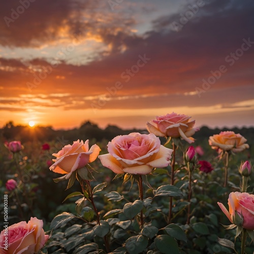 Juliet Rose Against Vibrant Sunset Sky Highlighting Warm Petals in Fading Light photo