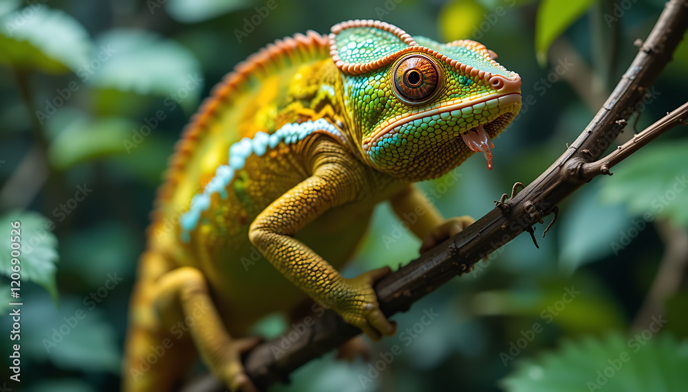 Vibrant Chameleon Clinging to a Thin Branch in Lush Green Foliage, Capturing a Moment of Reptilian Camouflage Vibrant Chameleon Clinging to a Thin Branch in Lush Green Foliage, Capturing a Moment of Reptilian Camouflage