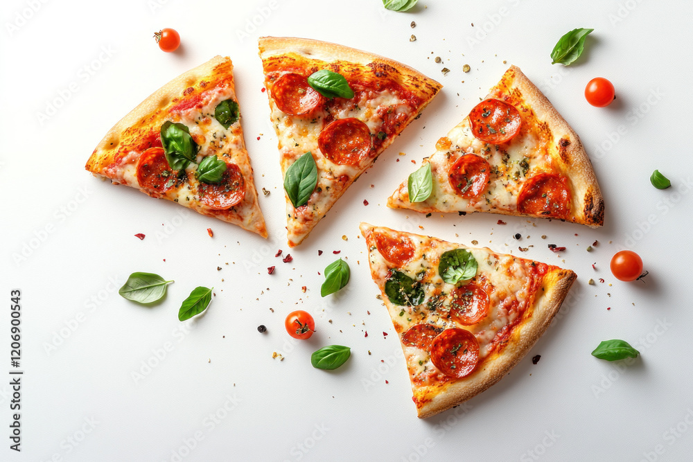 Four slices of pizza on a white surface, each topped with vibrant colors of melted cheese, pepperoni slices, and fresh vegetables, ready to be enjoyed. Four slices of pizza on a white surface, each topped with vibrant colors of melted cheese, pepperoni slices, and fresh vegetables, ready to be enjoyed.