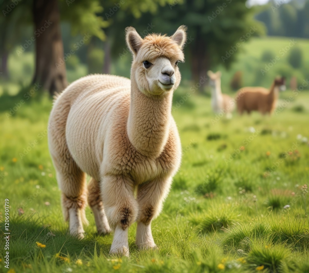 Obraz premium Alpaca grazing in a lush meadow with a soft focus effect , natural, meadow, grass