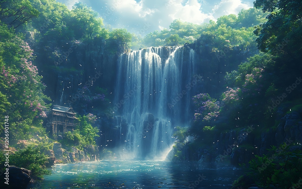 Tranquil Waterfall Landscape with House and Trees Tranquil Waterfall Landscape with House and Trees