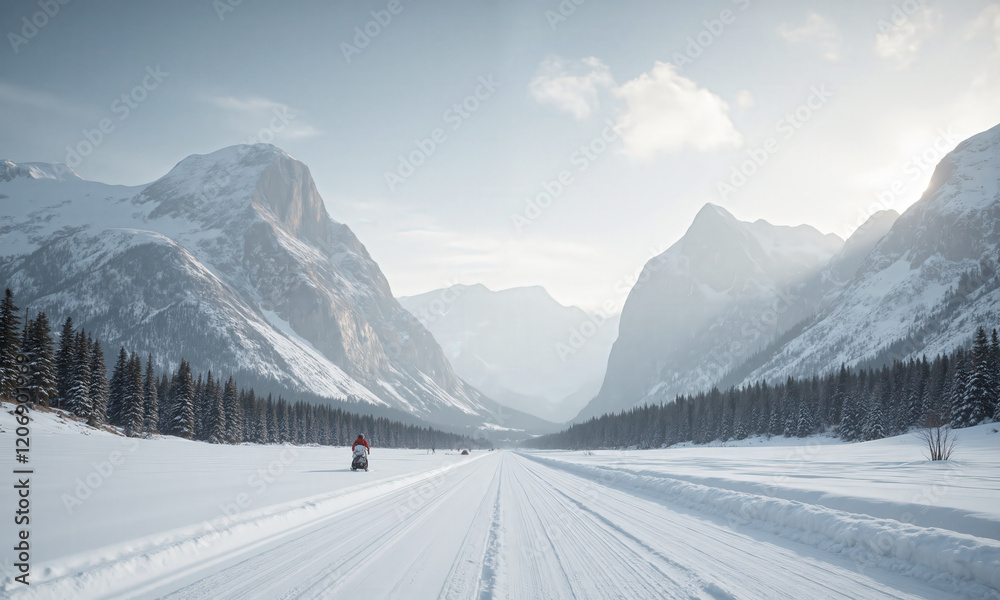 A simple, quiet mountain pass with snow gently falling, creating a serene atmosphere. The mountain peaks are soft and distant, A simple, quiet mountain pass with snow gently falling, creating a serene atmosphere. The mountain peaks are soft and distant,