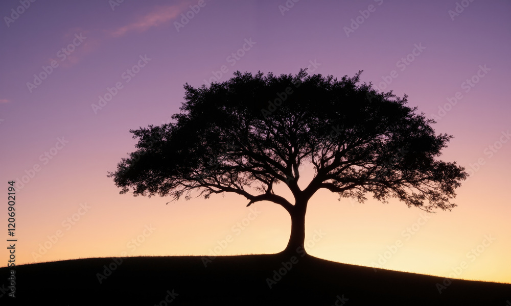 A single tree on a hilltop, bathed in the soft light of the setting sun. The sky transitions from warm A single tree on a hilltop, bathed in the soft light of the setting sun. The sky transitions from warm
