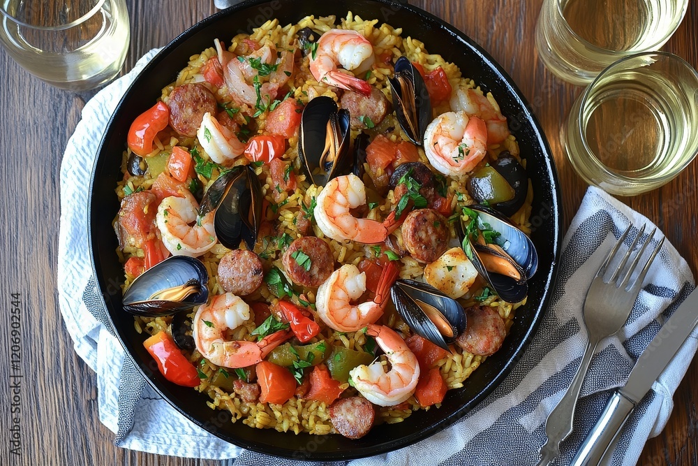 Seafood paella with shrimp, mussels, and sausage in a cast iron skillet. Seafood paella with shrimp, mussels, and sausage in a cast iron skillet.