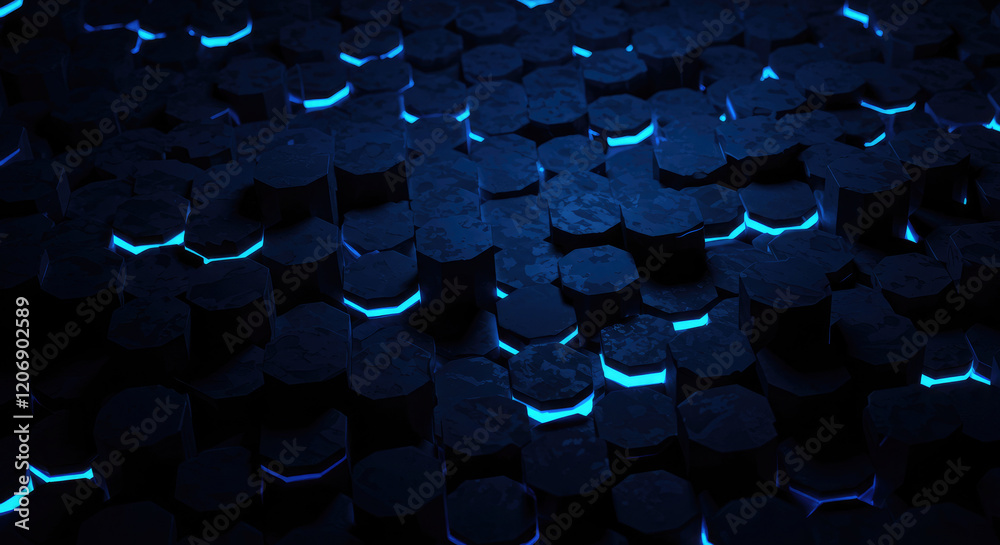 Fototapeta premium Abstract blue hexagon pattern background with glowing lights.