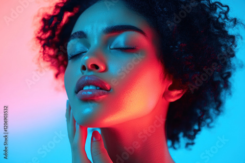 Woman with eyes closed, hand on chin, lost in thought. Atmospheric lighting enhances the introspective mood.