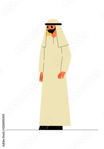 Middle Eastern Man In Traditional Attire Standing In Flat Vector Illustration Symbolizing Culture And Tradition, Isolated On White Background.