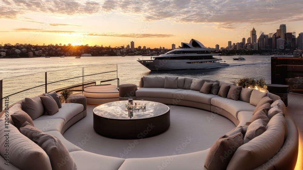 Fototapeta premium Luxury Yacht Sunset in Sydney Harbor: Opulent Deck View