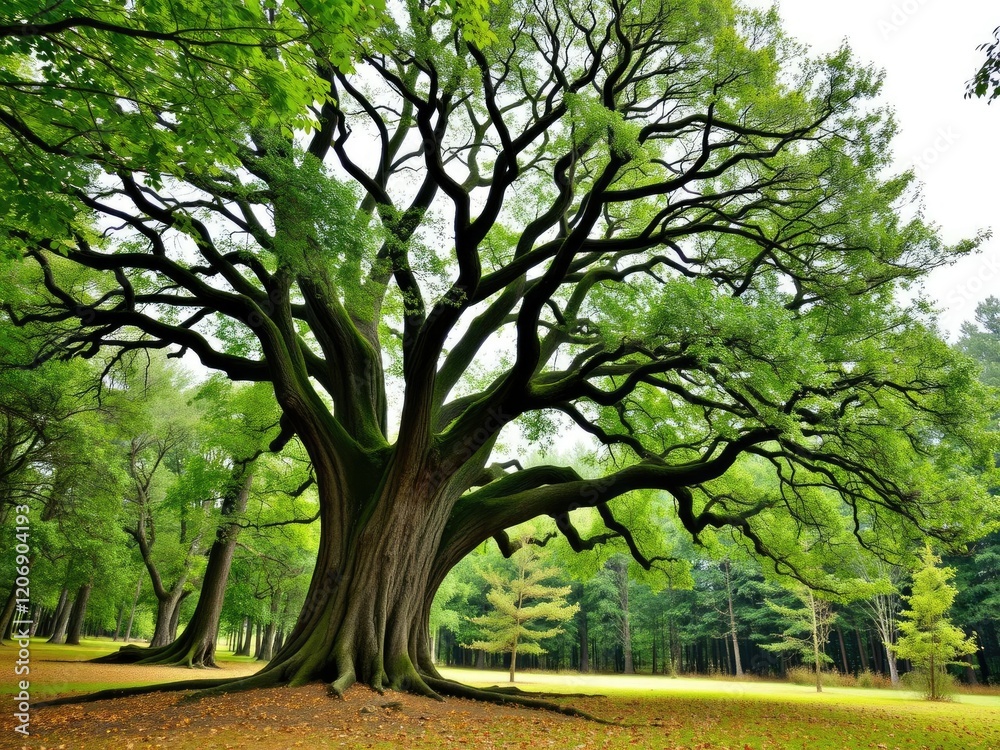 Fototapeta premium A sturdy beech tree dominates the landscape with its robust trunk and sprawling canopy in a serene forest glade, landscape photography, tall trees