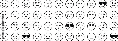 Emoji icons line set. Vectors collection containing happy emotion, sad, smiling, surprised, angry, relaxed, confused, laughing, excited and shocked emoticons illustration isolated on white background.