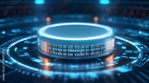 Futuristic glowing podium with digital elements and technology background in cyberpunk style