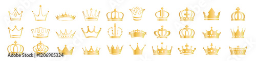 Crown set icons. Queen king golden crowns luxury royal on transporant background. Linear and silhouette icons.