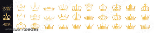 Crown set icons. Queen king golden crowns luxury royal on transporant background. Linear and silhouette icons.