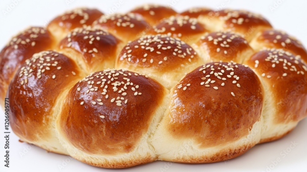 2.A golden, glossy brioche bun topped with evenly scattered sesame seeds, perfectly round and sitting on a pure white background, showcasing its soft and fluffy texture. 2.A golden, glossy brioche bun topped with evenly scattered sesame seeds, perfectly round and sitting on a pure white background, showcasing its soft and fluffy texture.