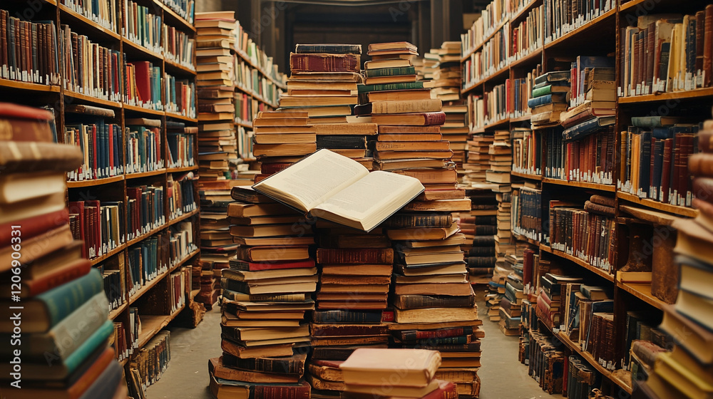Books stacked high in an old library with an open book on top during daytime Books stacked high in an old library with an open book on top during daytime