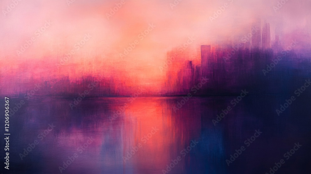 Fototapeta premium Pink and Purple Cityscape at Sunset with Water Reflection