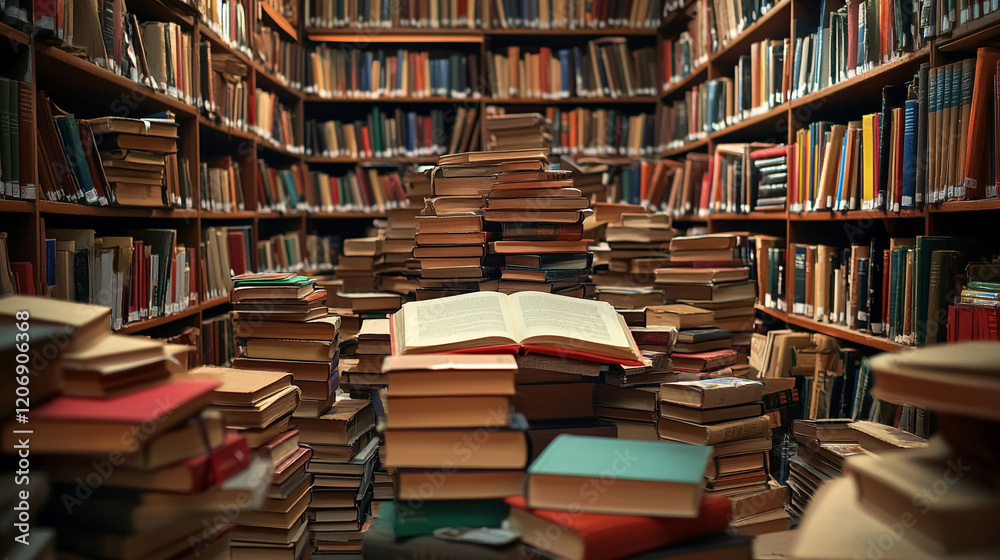 Books stacked across a library with an open book on a central pile in a cozy atmosphere