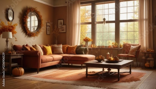 A warm and inviting living room decorated for Thanksgiving with autumnal colors and decorations, living room, decor, pumpkins photo