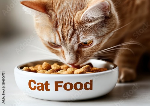 Cat eating from bowl labeled Cat Food	