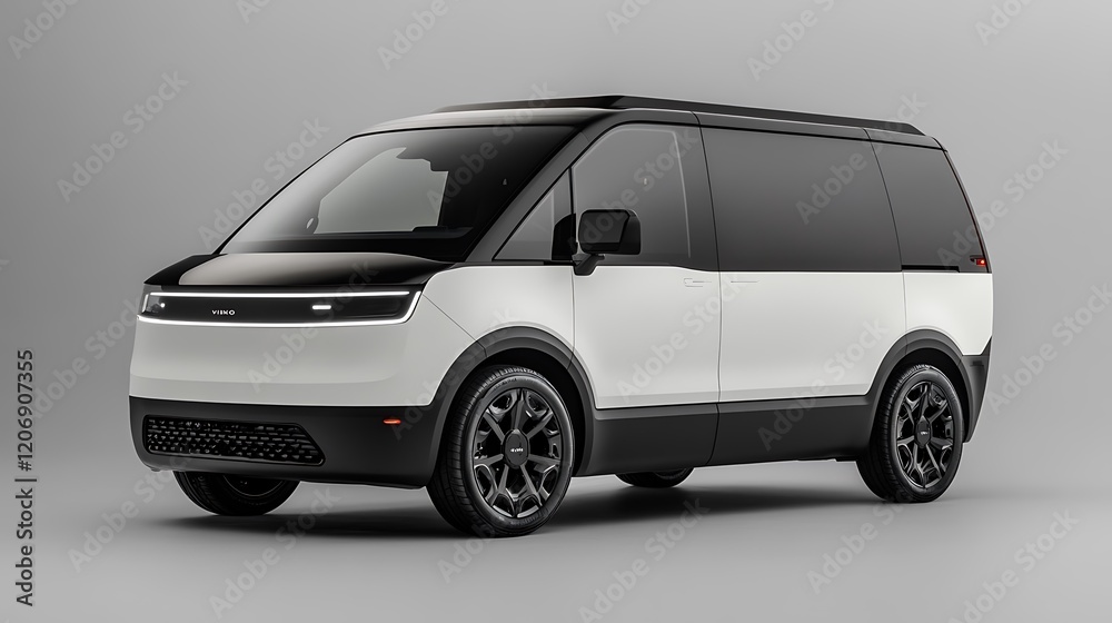A white and black electric van with a sleek design, featuring a modern look with black accents and a futuristic appearance. A white and black electric van with a sleek design, featuring a modern look with black accents and a futuristic appearance.