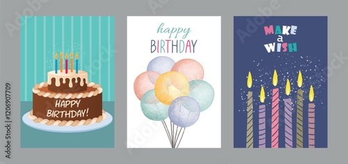 Set of lovely birthday cards design with cake, balloons, birthday candle and typography. Vector illustration.