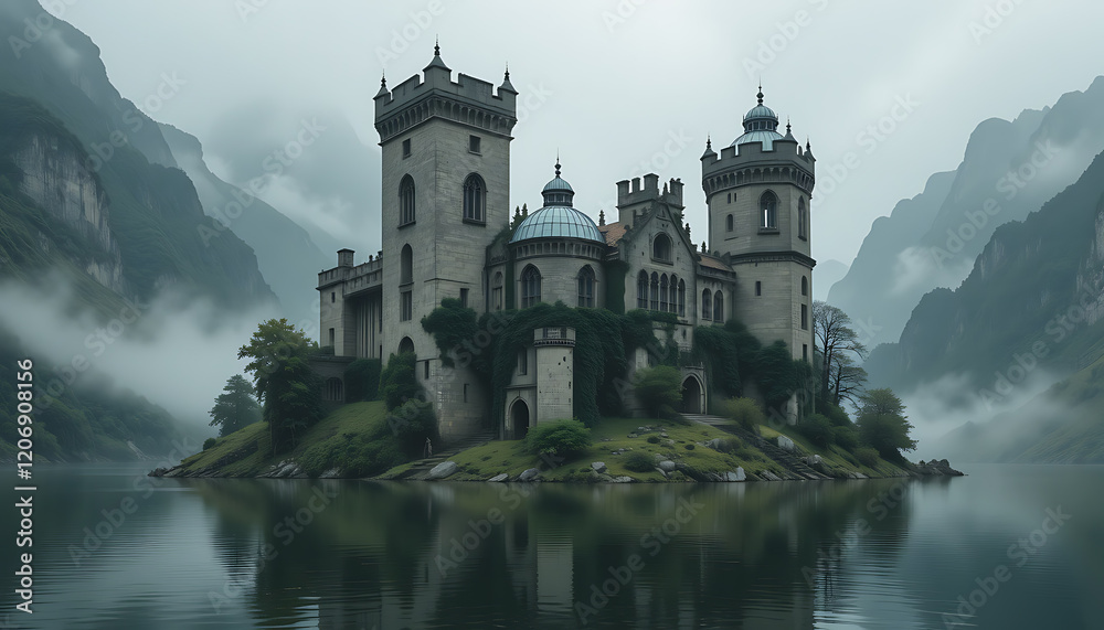 Obraz premium Majestic Stone Castle on a Serene Island Surrounded by Misty Mountains Shrouded in Fog
