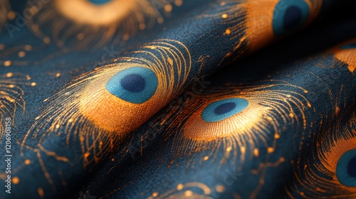Intricate patterns of peacock feathers bring elegance to fabric in an artistic display of color and design