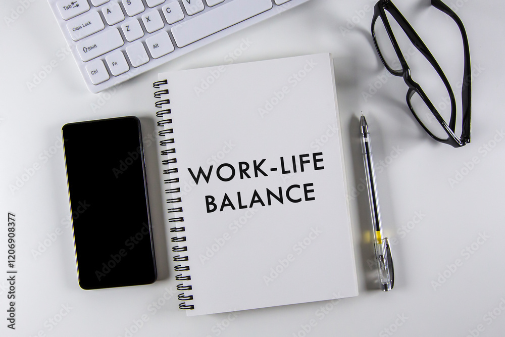 Work-life balance concept. Notebook and keyboard on white table Work-life balance concept. Notebook and keyboard on white table