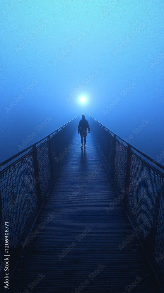 Obraz premium A solitary person walks down a long, deserted boardwalk shrouded in thick fog. The faint glow at the end beckons through the gray haze, inviting exploration and introspection