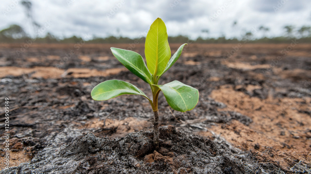 A young plant emerges from dry, cracked soil, symbolizing resilience and hope in an arid landscape under a cloudy sky. A young plant emerges from dry, cracked soil, symbolizing resilience and hope in an arid landscape under a cloudy sky.