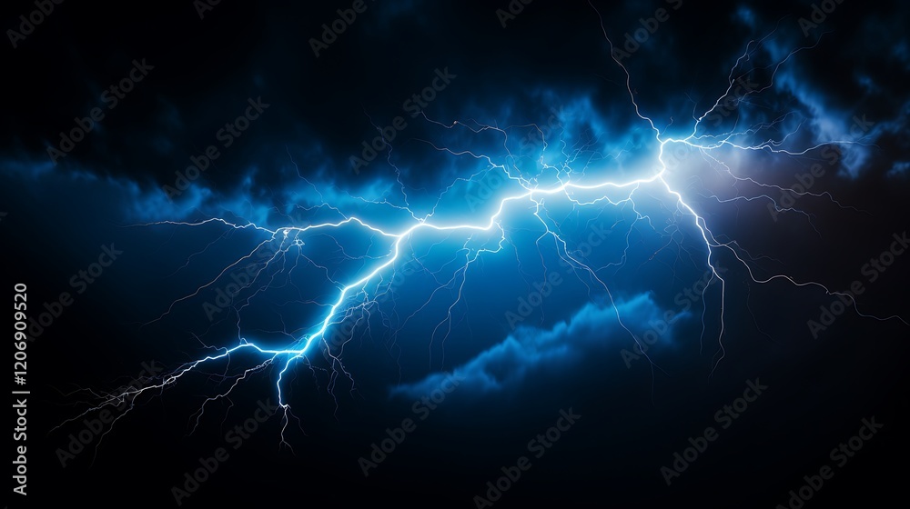Lightning, blue lightning, electric field background. Blue glowing lines on a dark black backdrop