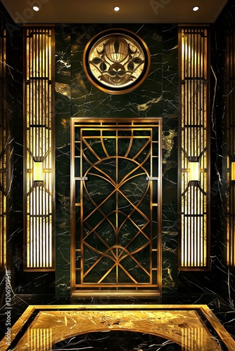 Art Deco Green Marble and Gold Interior with Intricate Design - Made with Generative AI photo