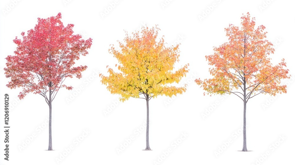 Fototapeta premium Three Trees In Different Stages Of Fall Foliage
