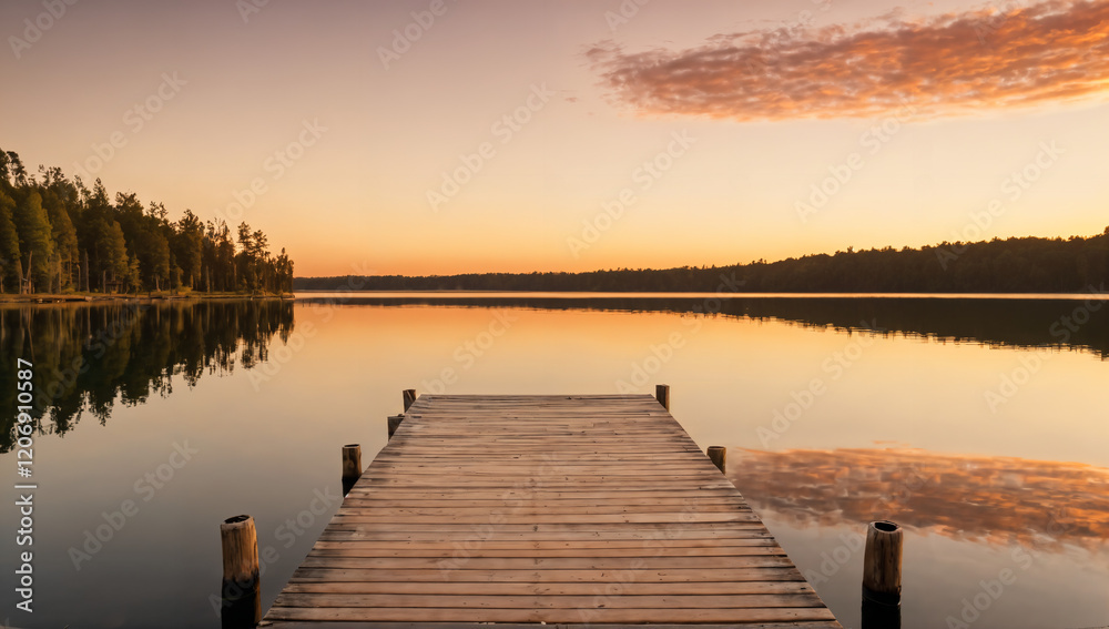 A tranquil dock at sunset reflecting warm hues in a serene lake A tranquil dock at sunset reflecting warm hues in a serene lake