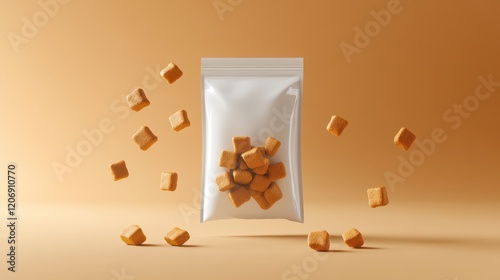 Floating pet treats spilling from a transparent bag	