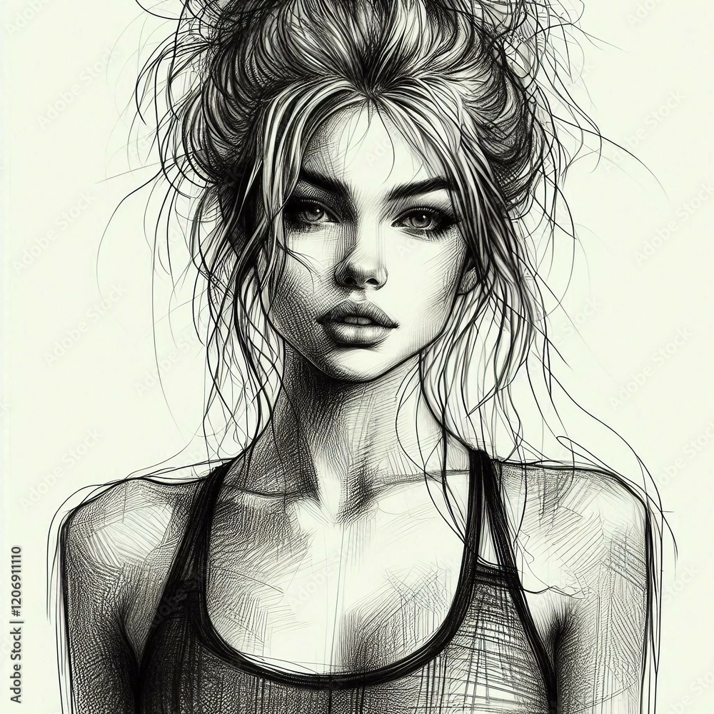 Fototapeta premium Athletic girl. Black and white line sketch portrait of a beautiful sports woman with messy hairstyle. Character design.