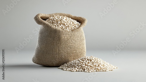 54.A minimalist photo featuring a handful of white sesame seeds spilling out of a small burlap bag, set against a simple background to highlight their purity and organic appeal.