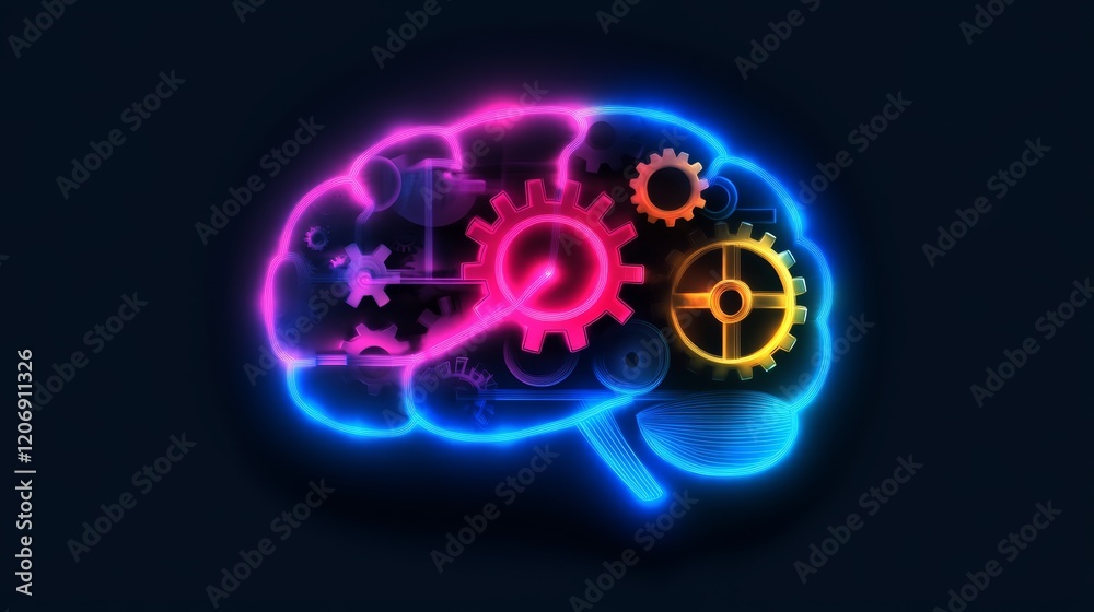 Brain-shaped logo with gears and neon lights on a dark background