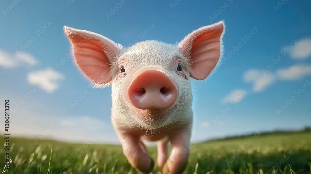 A cute piglet walking through a sunny green field under a clear blue sky. A cute piglet walking through a sunny green field under a clear blue sky.