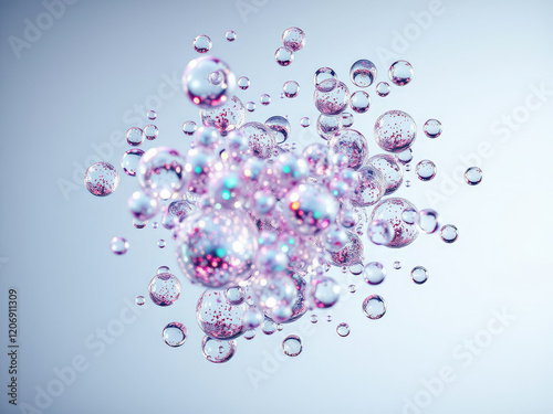 Abstract close-up of bright oil bubbles dispersing in clear liquid, molecular, shiny, dynamic, surface tension photo