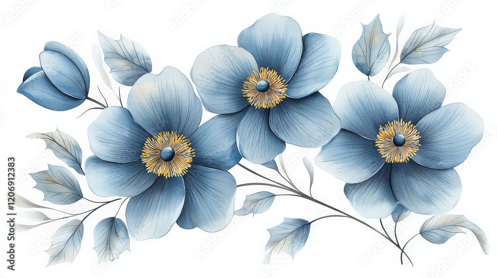 Fototapeta premium Elegant watercolor painting of blue flowers and leaves