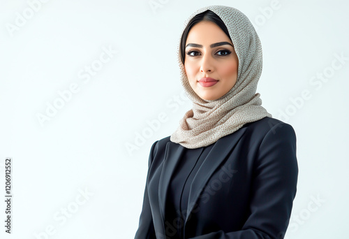 Arab businesswoman in formal attire, with focus on her confident expression, isolated white background