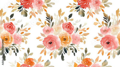 Watercolor floral pattern: Peach, coral, and orange blossoms